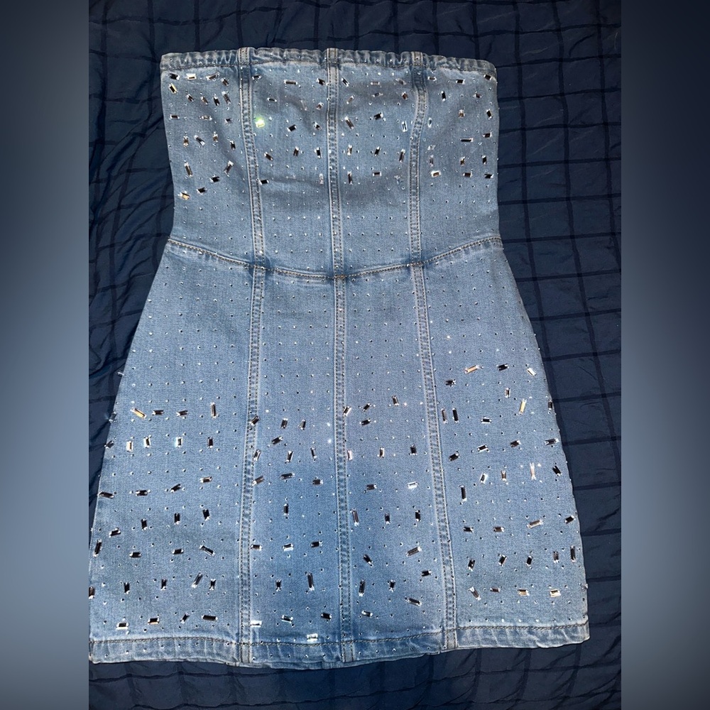 Gianni Bini Strapless Blue Denim Dress with Embellishments